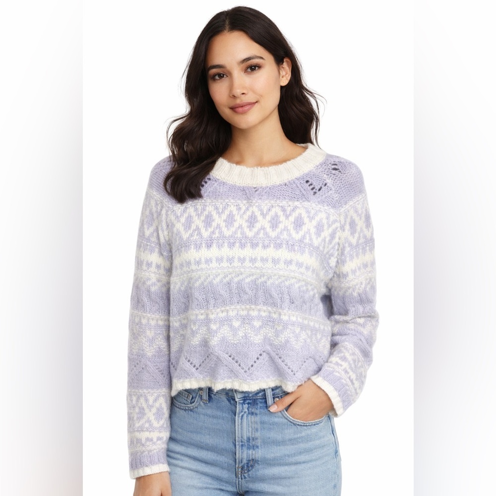 Lush Sweater Womens‎ Size S Purple Ivory Fair Isle Nordic Crew Neck Cropped